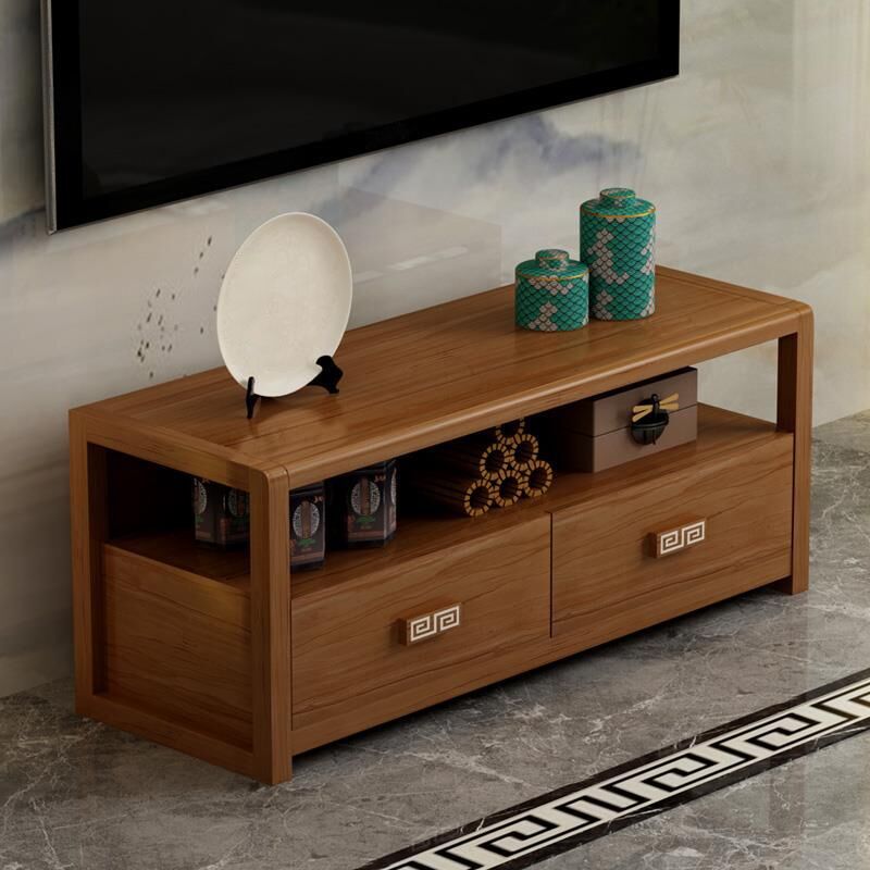 Brown Rubber Wood TV Stand Contemporary Style TV Cabinet with 2 Drawers