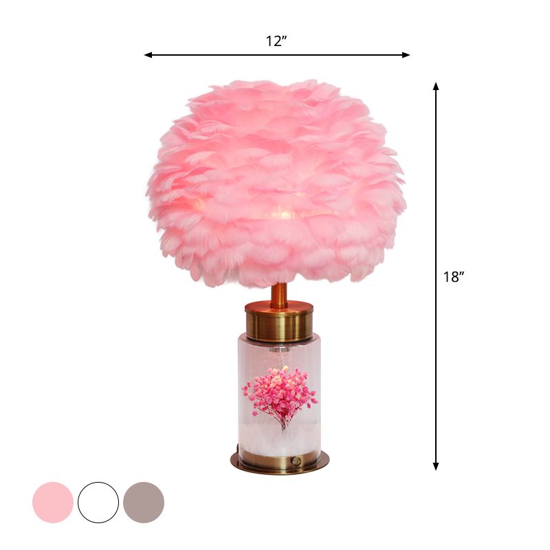 Feather Globe Study Lamp Nordic 1 Bulb Desk Light with Bottle Base and Inner Flower Decor in Grey/White/Pink