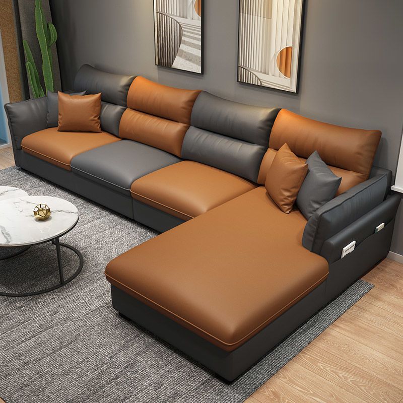 Faux Leather Sectional with Four Pillows Back Flared Arm Sofa