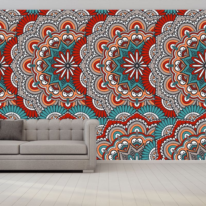 Custom Illustration Boho Wallpaper Murals with Scalloped Pattern in Red and Blue