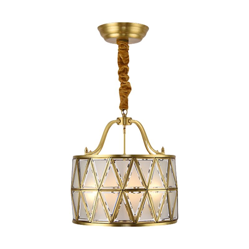 Drum Frosted Glass Chandelier Pendant Lamp Traditional 4/6 Lights 16"/19" Wide Dining Room Hanging Ceiling Light in Gold