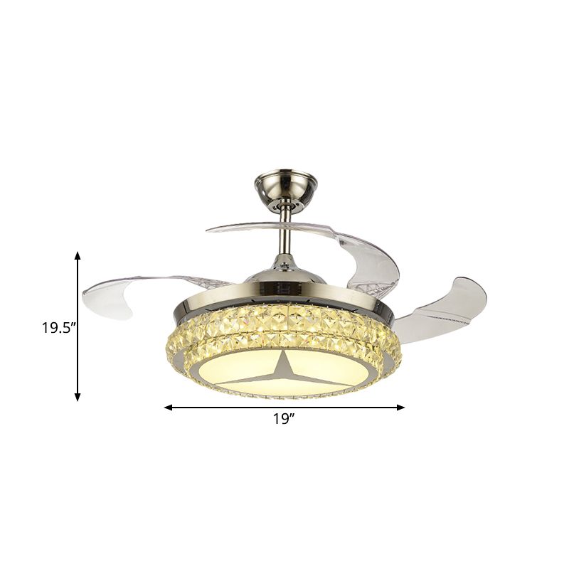 Crystal Block Round Ceiling Fan Lamp Simple 19" W LED Gold Semi Mount Lighting with Star/Floral Design, 4 Blades