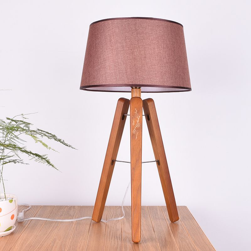 Fabric Tapered Desk Light Modernist 1 Bulb Night Table Lamp in Brown/Beige with Wood Tripod