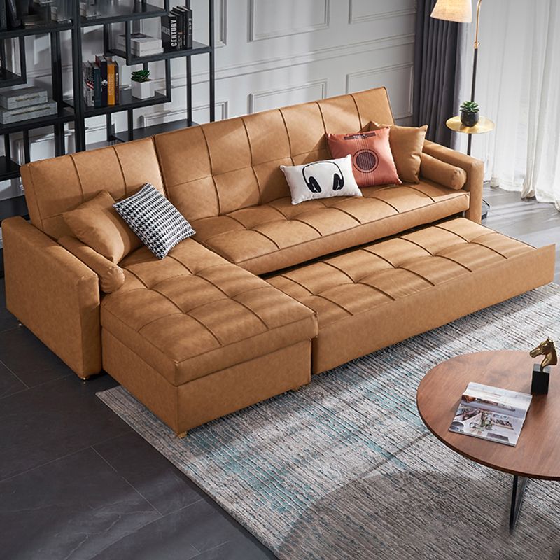 Square Arm Tan Removable Cushions Storage Manual L-Shape Sectional Sofa Bed