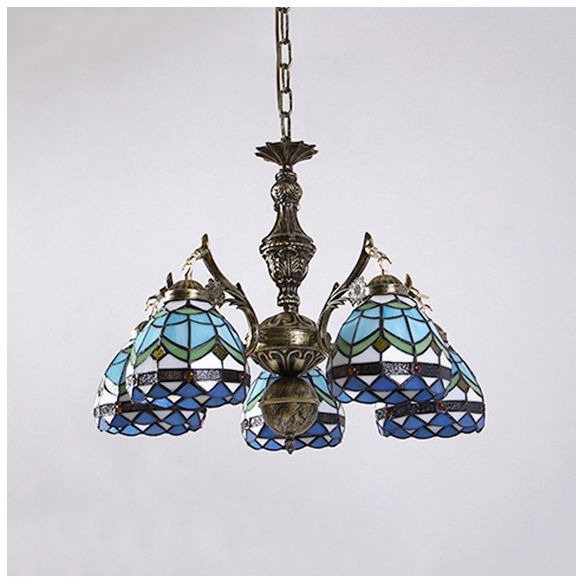 Baroque Dome Suspended Light 5 Lights Stained Glass Chandelier Lamp in Blue for Living Room