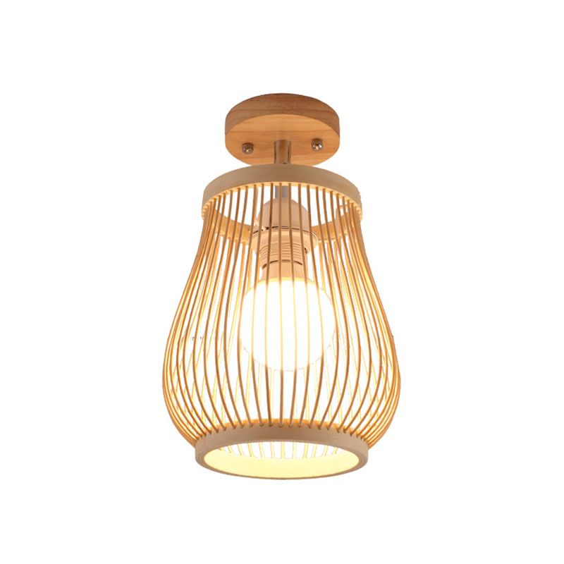 Geometric Semi Flush Mount Light Asian Bamboo Single Aisle Ceiling Flush Lamp in Wood