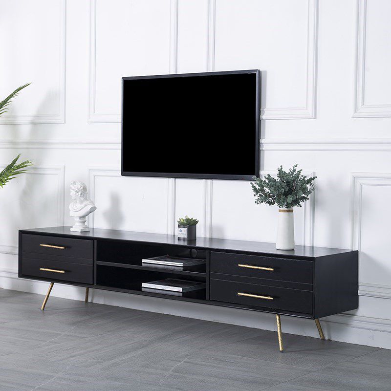 Glam Style TV Stand Black Colour Wood TV Console with Open Storage