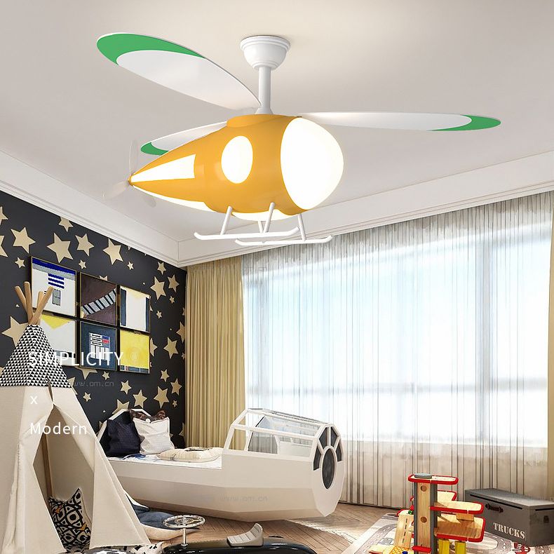 Metal Airplane Shaped Hanging Fan Light Cartoon LED Semi Flush Mount Lamp for Childrens Bedroom