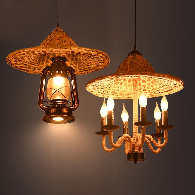 Candle Style Bistro Ceiling Chandelier Lodge Jute Rope 6/7 Bulbs Brown Hanging Lamp with Bamboo-Woven Hat Top