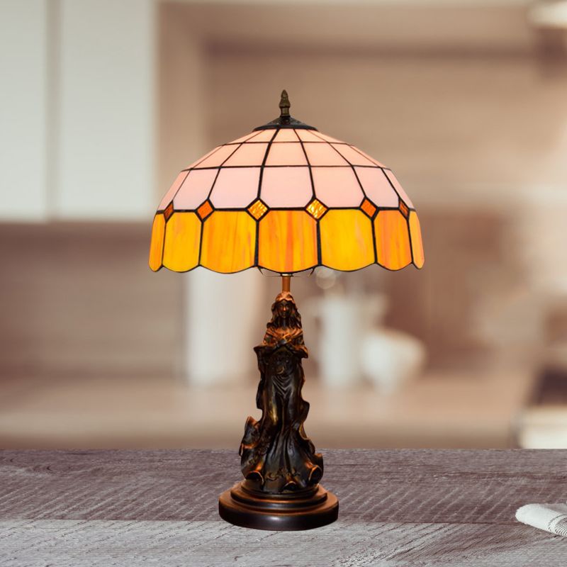 Resin Bronze Night Stand Light Angel Girl 1 Head Vintage Table Lamp with Orange and White Grid Glass Shade