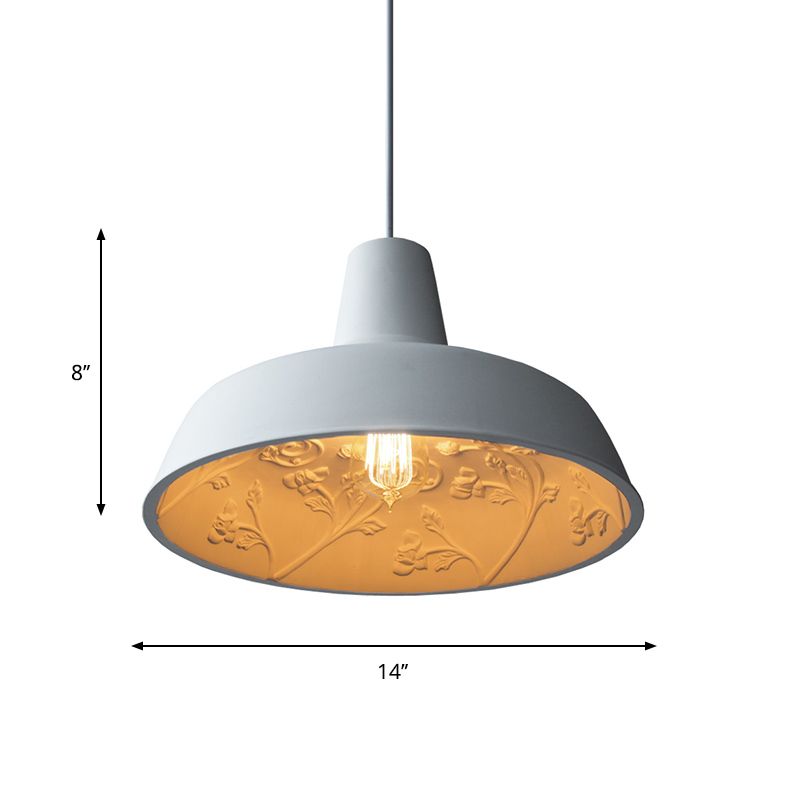 Lámpara de colgante de sombra de 1 cabezal de 1 cabeza estilo techo colgante de hierro blanco con diseño interno de rosas grabadas