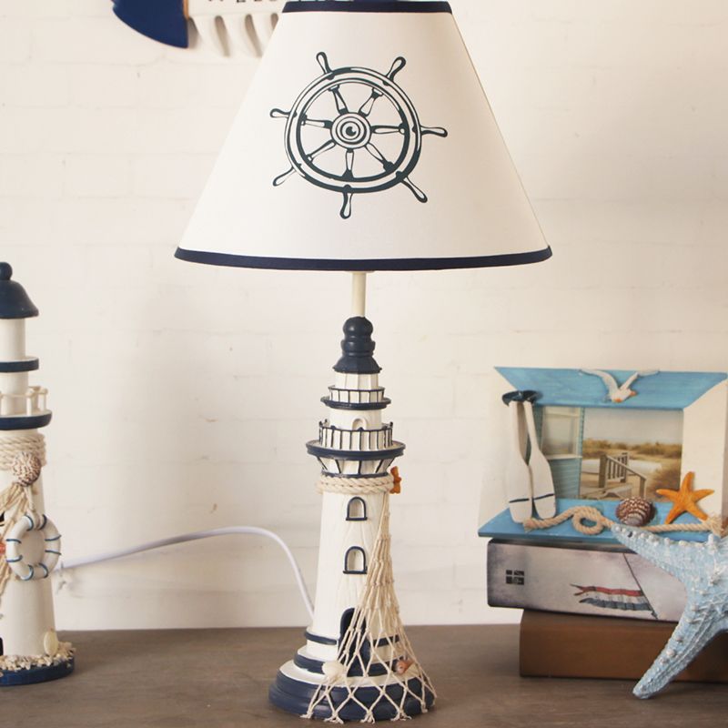 White Tapered Nightstand Lamp Kids 1 Light Fabric Table Lighting with Rudder/Lighthouse Base