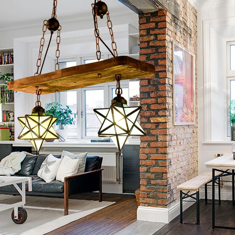 2/3 Lights Rustic Star Chandelier Lamp with Wooden Board Colorful Glass Indoor Pendant Light for Kitchen