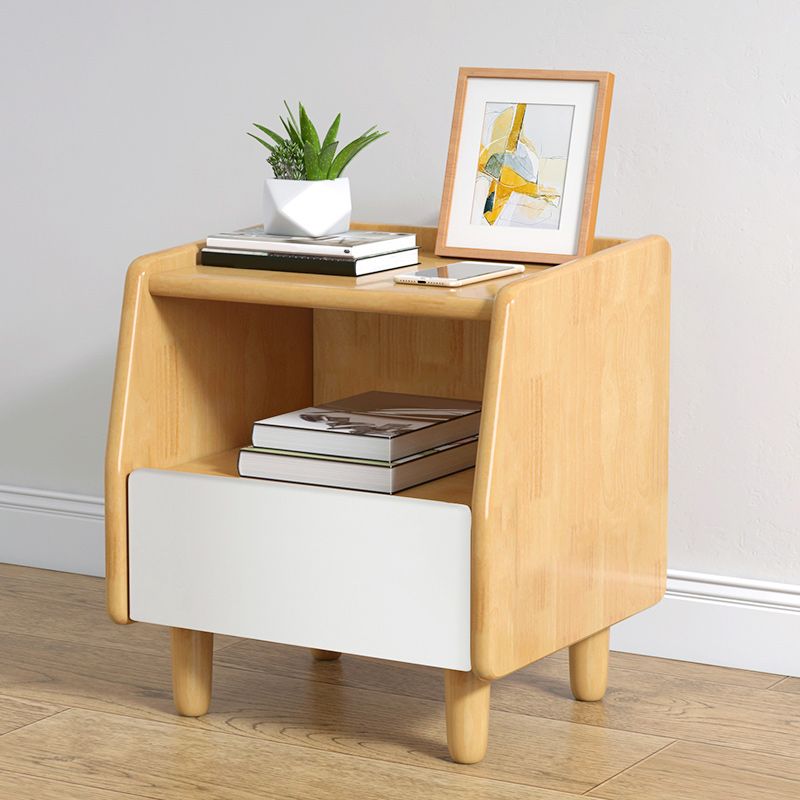 Solid Wood Night Table Modern 20 Inch H 1-Drawer Open Storage Nightstand with Legs