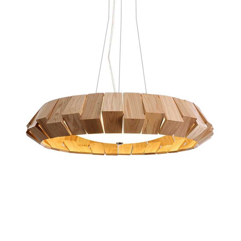 Pendante à LED ronde à bord courbe Asie Style Natural Wood Lounge suspendu avec diffuseur en verre de lait