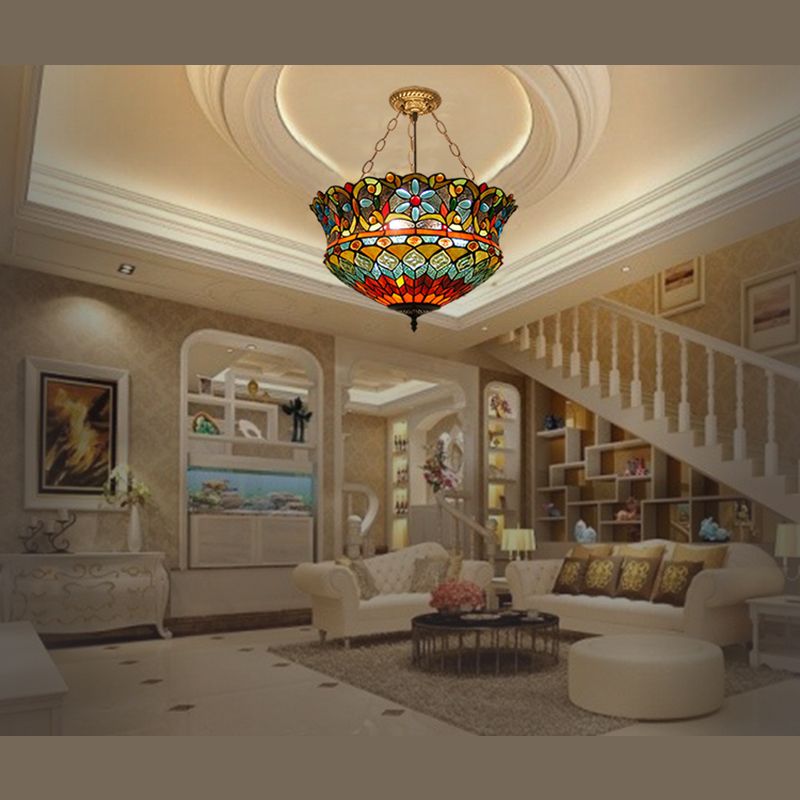 Inverted Bowl Chandelier Lighting Fixture Tiffany Stained Glass Chandelier Pendant Light