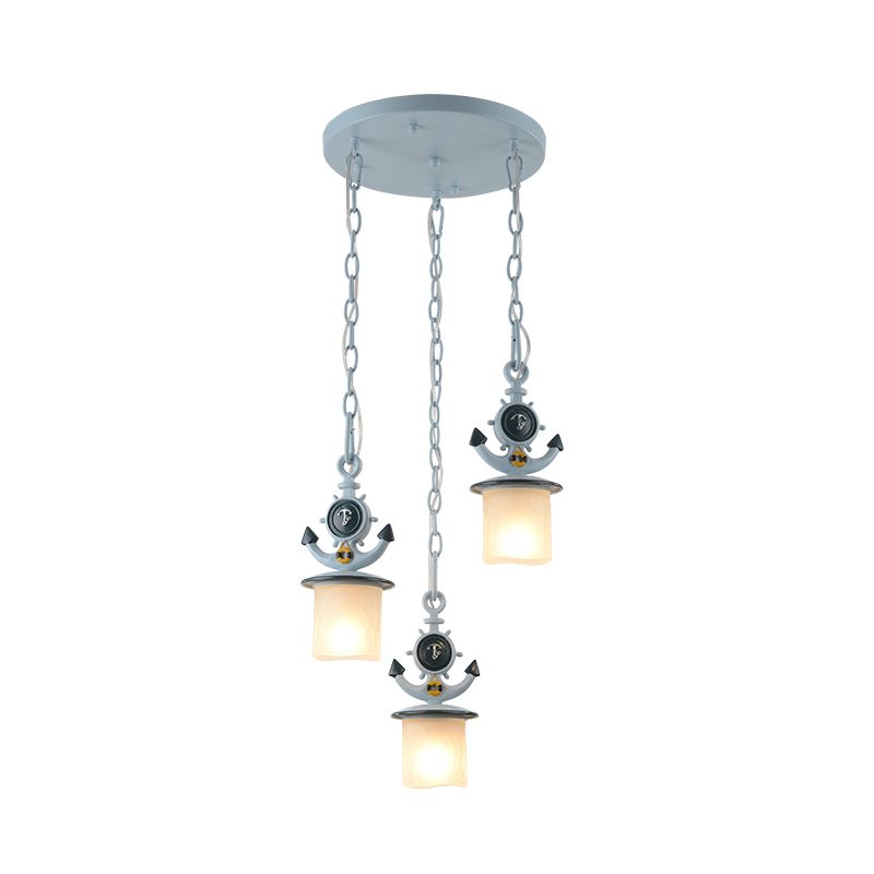 Dimpled Glass Cylindrical Multi Pendant Modern 3 Heads Down Lighting with Anchor Chain in Black/Blue, Linear/Round Canopy