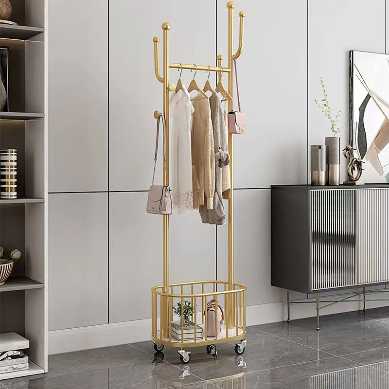 Luxury Metallic Coat Hanger Free Standing Hooks Design Coat Rack with Universal Wheel