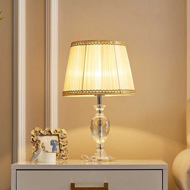 Traditional Pleated Shade Crystal Nightstand Lamp 1 Head Fabric Table Light in Yellow/Blue for Parlor