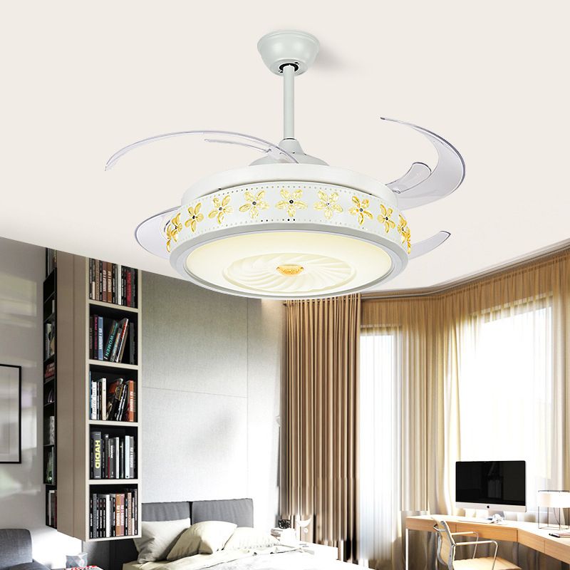 Modern Stylish LED Ceiling Fan Light Metallic White Vortex Semi Flush Lamp with Embedded Amber Crystal Accent