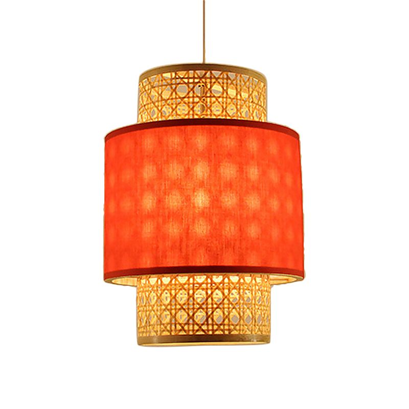 Asian Style 1 Bulb Hanging Light with Bamboo and Fabric Shade Red/White Cylinder Ceiling Light Fixture for Restaurant