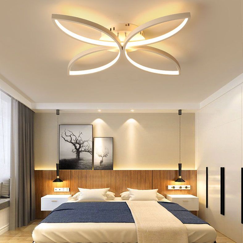 LED Bedroom Semi Flush Mount Light Nordic White Semi Flush Mount Lighting with Floral Metal Shade