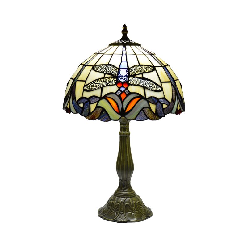 Hand-Cut Glass Bronze Night Light Dragonfly On Flower 1 Bulb Tiffany Table Lamp for Bedside