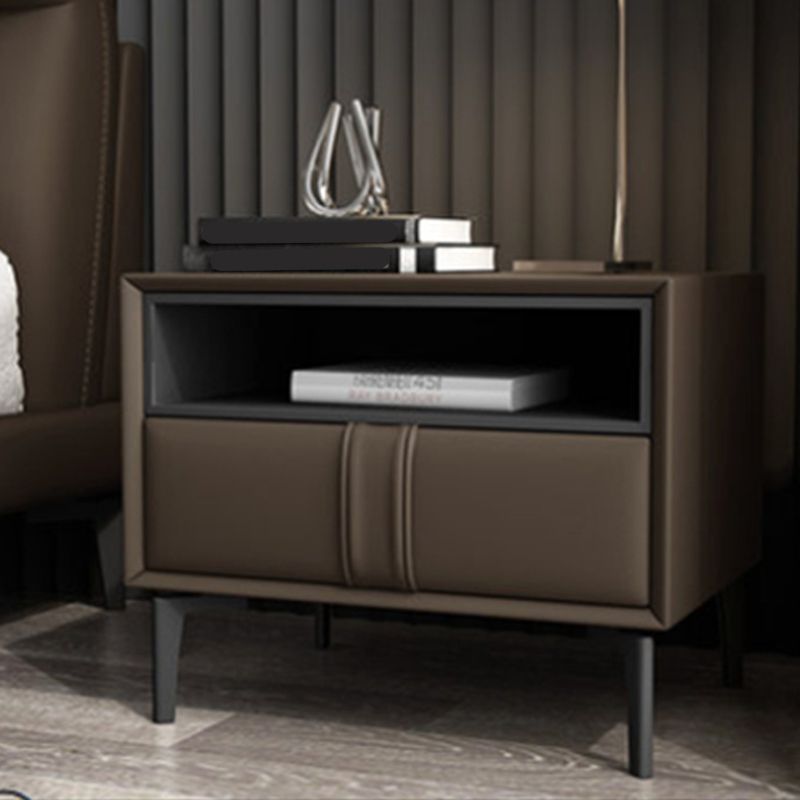 Wooden and Leather Bed Nightstand Modern Minimalist Open Bedside Table with Drawers