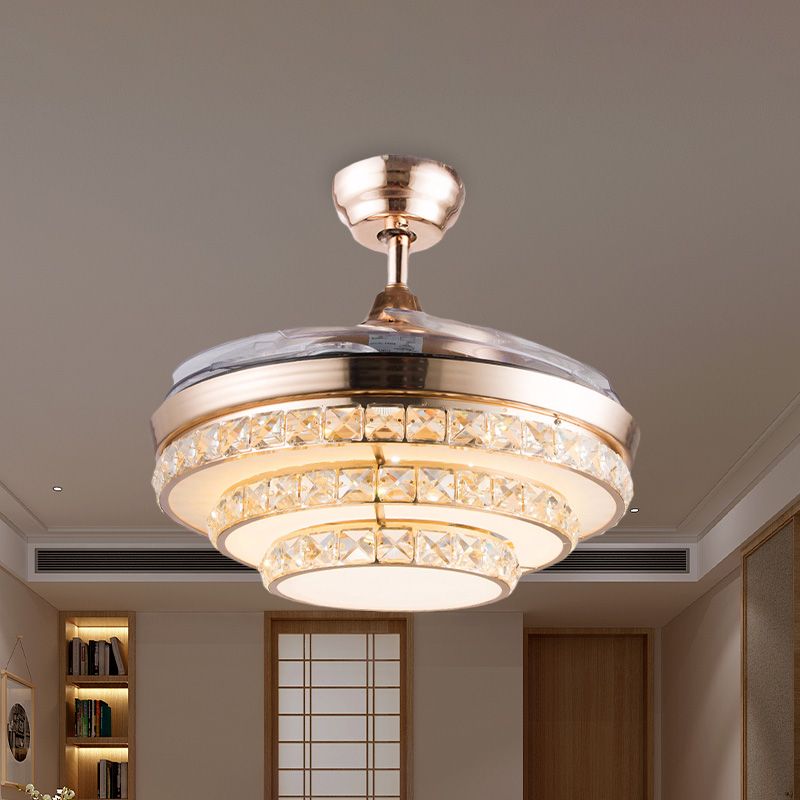 42.5" Wide Gold 3 Tiers Semi Flush Light Modernist Crystal Living Room LED Flush Mount Ceiling Fan Light with 3 Blades