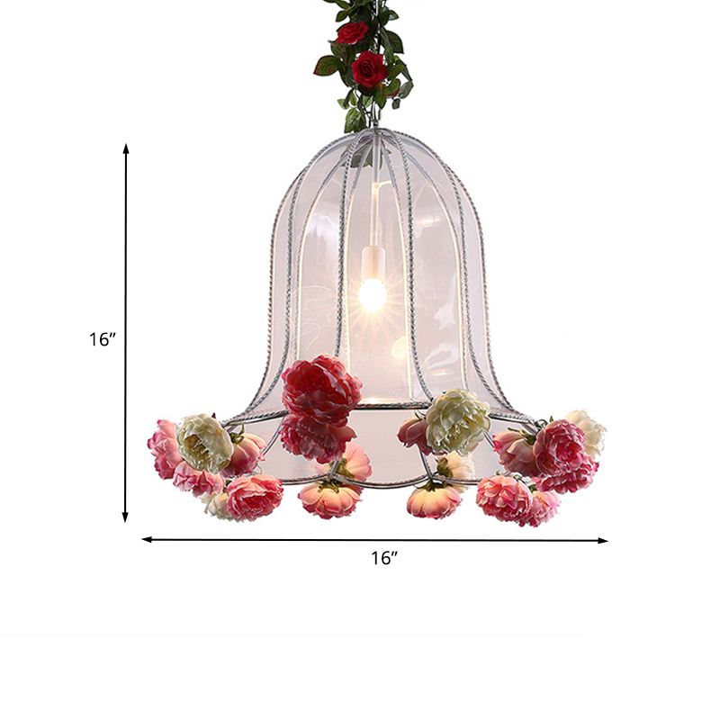 Bell Metallic Hanging Light Kit Warehouse 1 Bulb Restaurant Pendant Lamp with Artificial Flower Deco