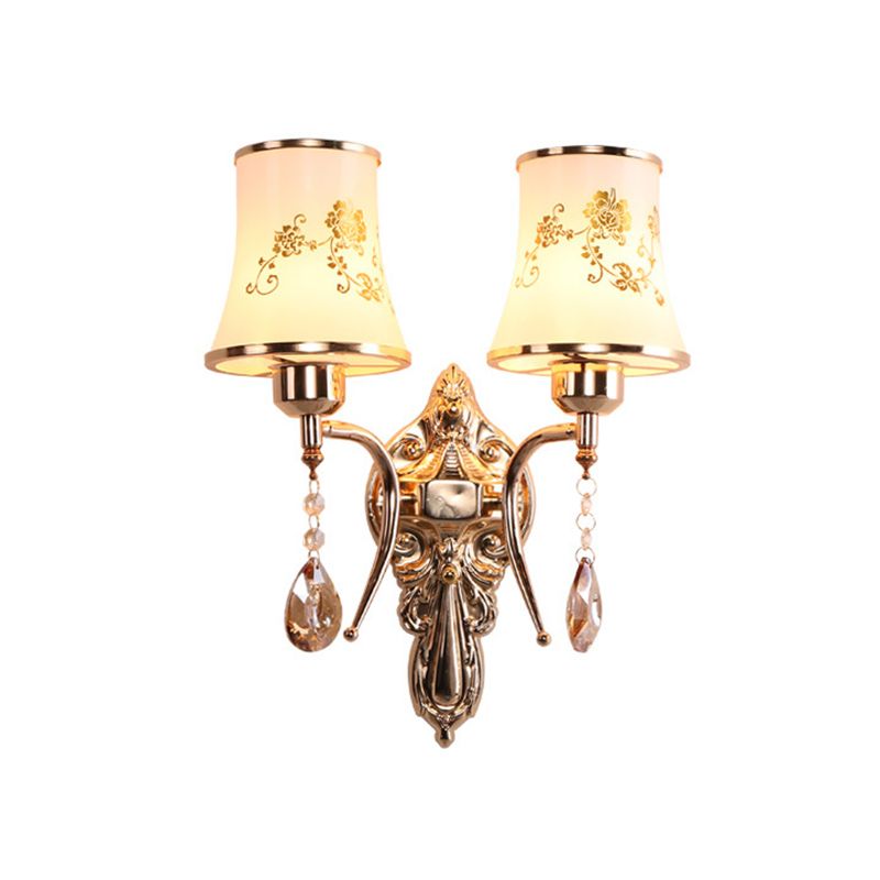 2 Bulbs Bell Sconce Lamp Mid-Century Gold Frosted Glass Wall Lighting Fixture with Crystal Drop