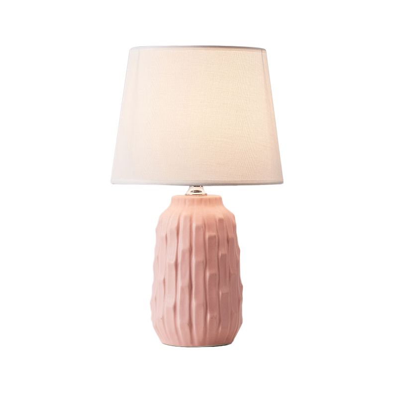 Modernist Conical Table Light Fabric 1 Head Bedroom Desk Lamp with Cylinder Ceramic Base in White/Pink/Blue