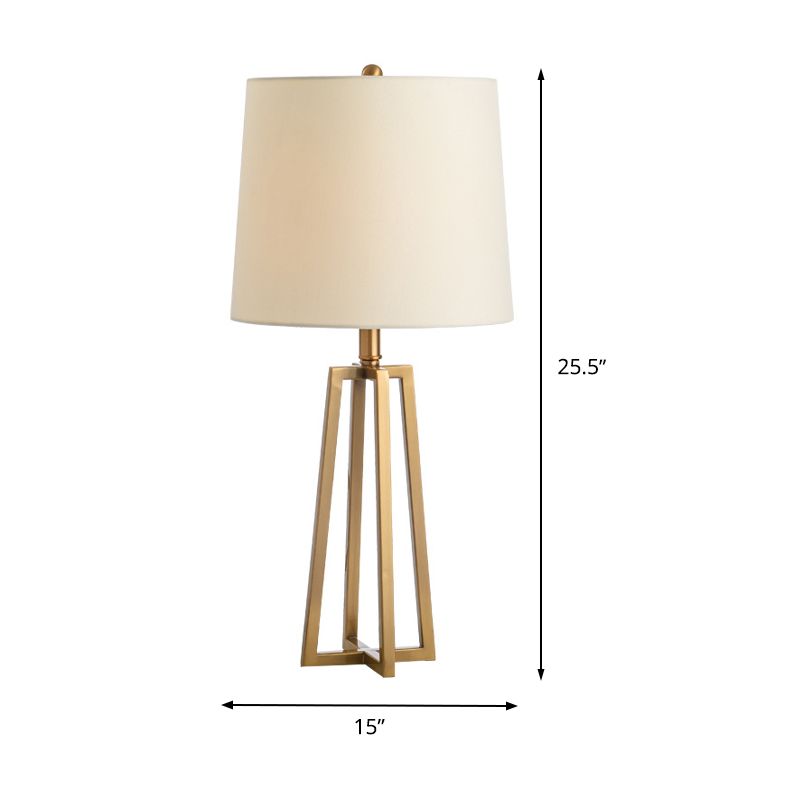 Drum Fabric Table Light Modern 1 Head White Desk Lamp with Trapezoid Gold Metal Base