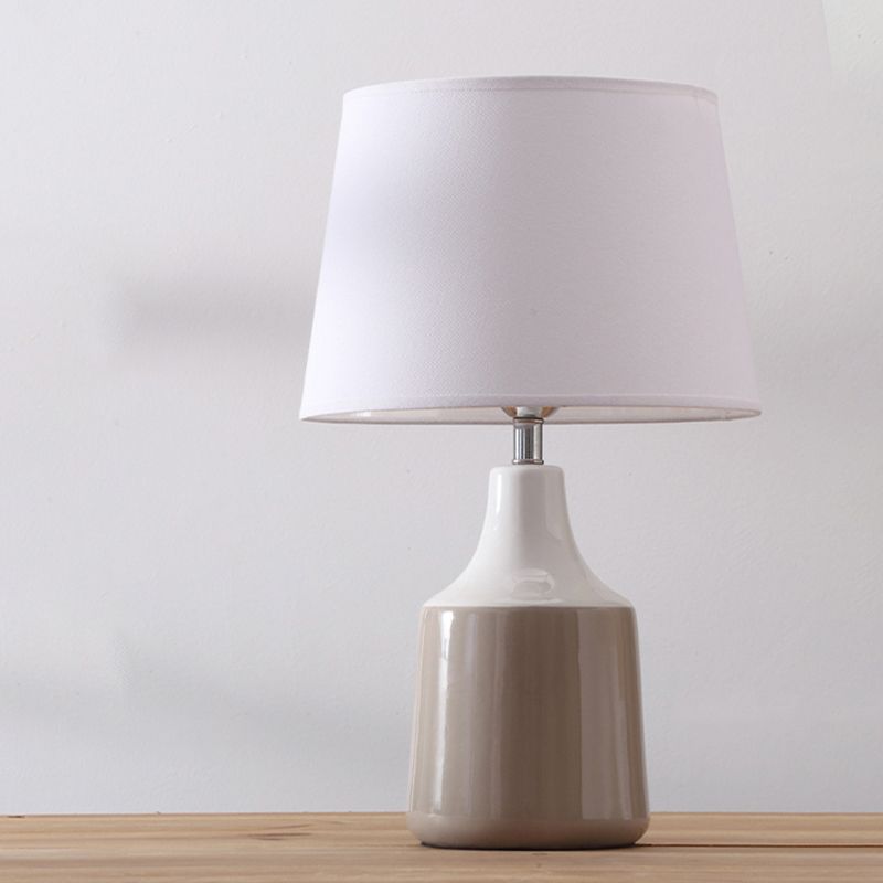 Modern Tapered Drum Table Light Ceramic 1-Light Bedside Night Lighting in Brown/White and Gray with Fabric Shade