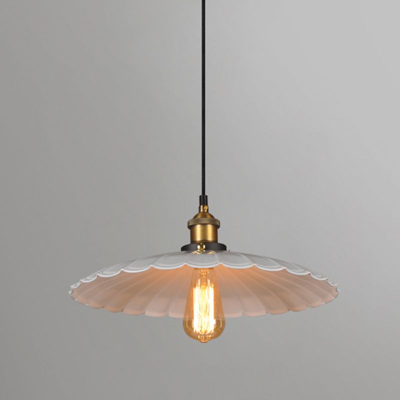 White Single Ceiling Light Industrial Metallic Scalloped Umbrella Hanging Pendant Light