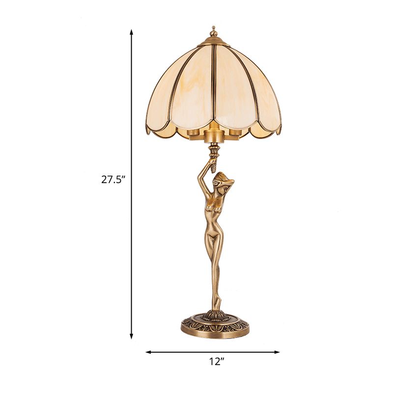 Scalloped Bedroom Night Lamp Colonialism Beige Glass 2-Head Gold Table Lighting with Naked Woman Base