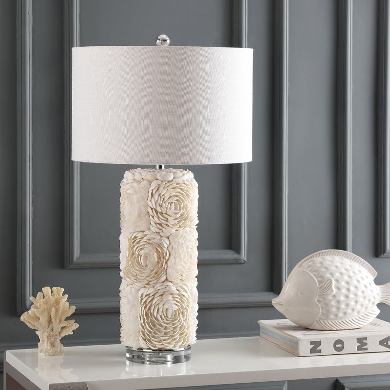 1 Bulb Floral Pillar Table Light Minimalistic White Shell Night Lamp with Drum Fabric Lamp Shade