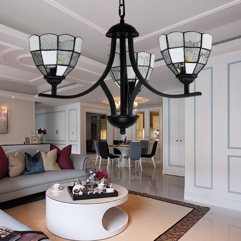 3 Lights Bowl Ceiling Hanging Light White Glass Tradition Chandelier Lamp in Black Finish for Foyer