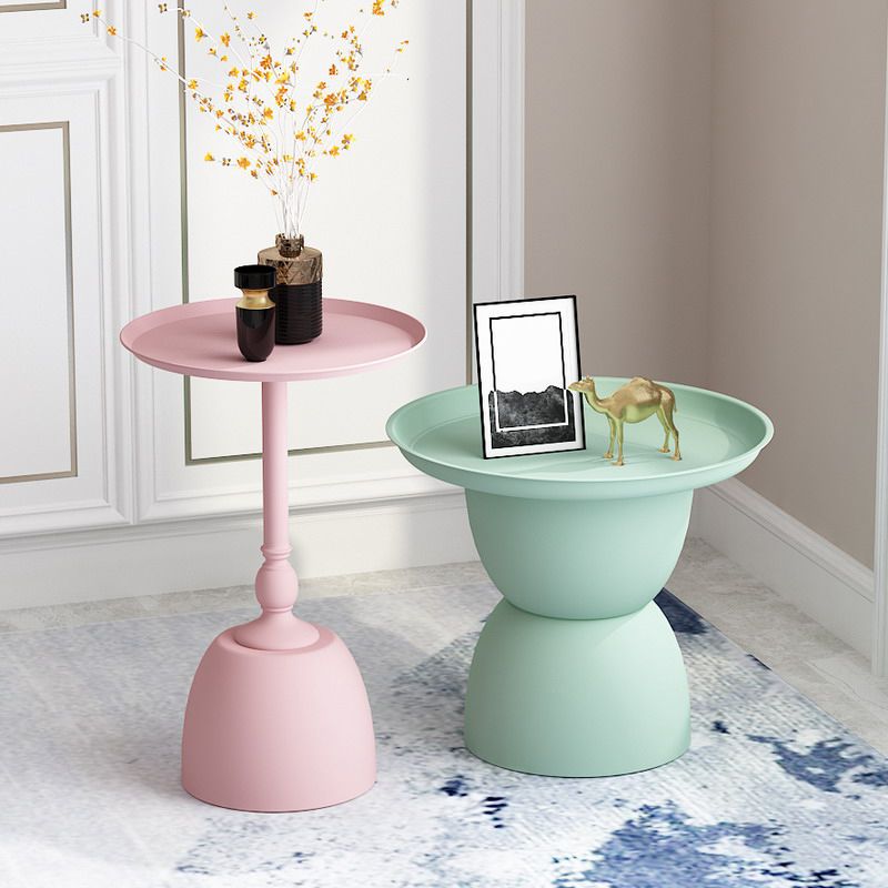 Iron Pedestal End Table Blue/ Pink Round Metal Tray Top Side End Table