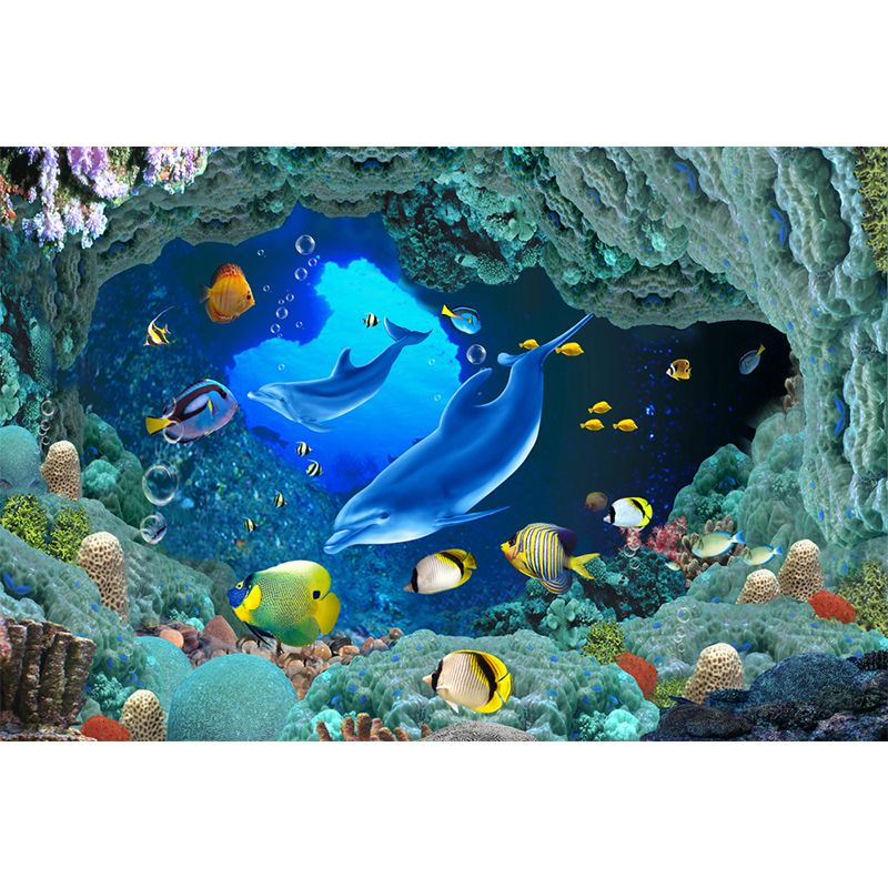 Underwater Scenery Mural Decal Dark Blue Kids Style Wall Covering for Children Room