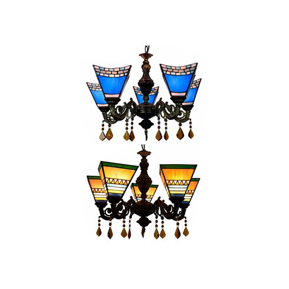 Geométrique Hanging Light Retro Style Treated Verre 5 Bulbes Chandelier avec pendentifs en cristal en jaune / bleu pour chambre à coucher