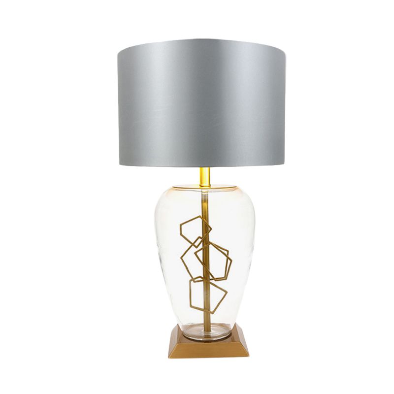 Urn Nightstand Light Modern Clear Glass 1 Head Brass Table Lamp with Drum Grey Fabric Shade