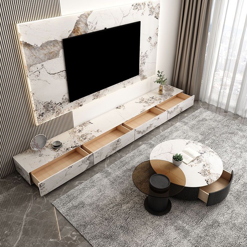 Stone TV Console Contemporary White Media Console with Drawers