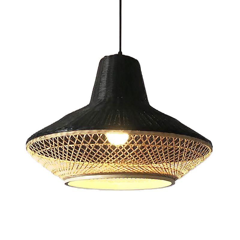 Asian 1-Light Hanging Lamp with Knitted Bamboo Black/Wood Curvy Pendant Light for Restaurant Tea House