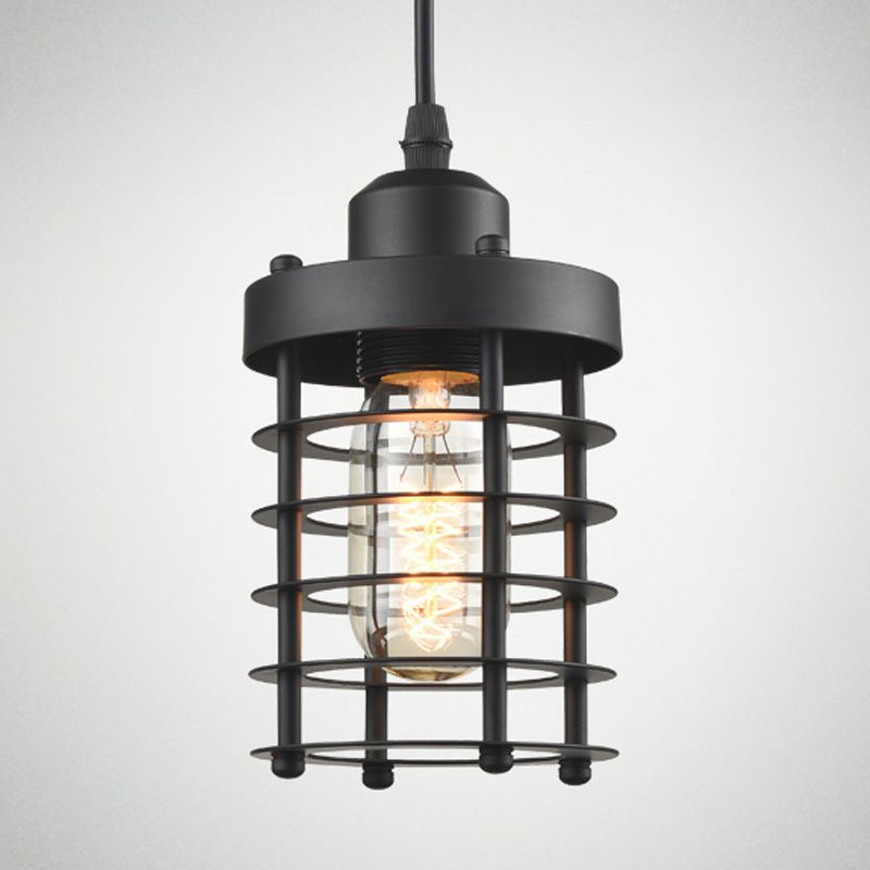 Black Flat Iron Cage Single Bulb Hanging Light Vintage Industrial Style Pendant Lamp