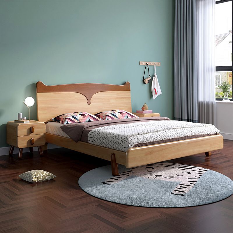 Scandinavian Solid Wood Platform Bed Brown Kids Bed with Headboard