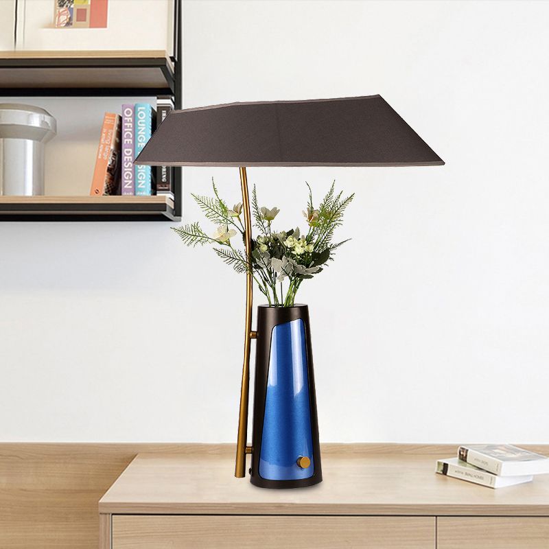 Geometric Table Light Modern Fabric 1 Light Black Creative Nightstand Lamp with Flower Vase Detail