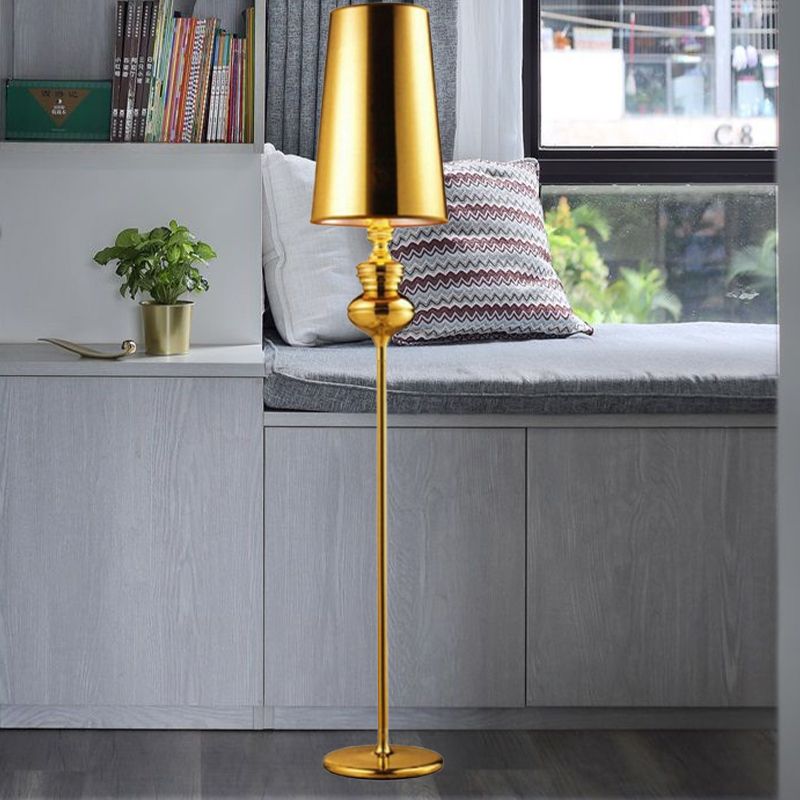 Calabash Shape Floor Reading Lamp Contemporary Metal 1 Head Black/White/Chrome Standing Light with Fabric Conical Shade