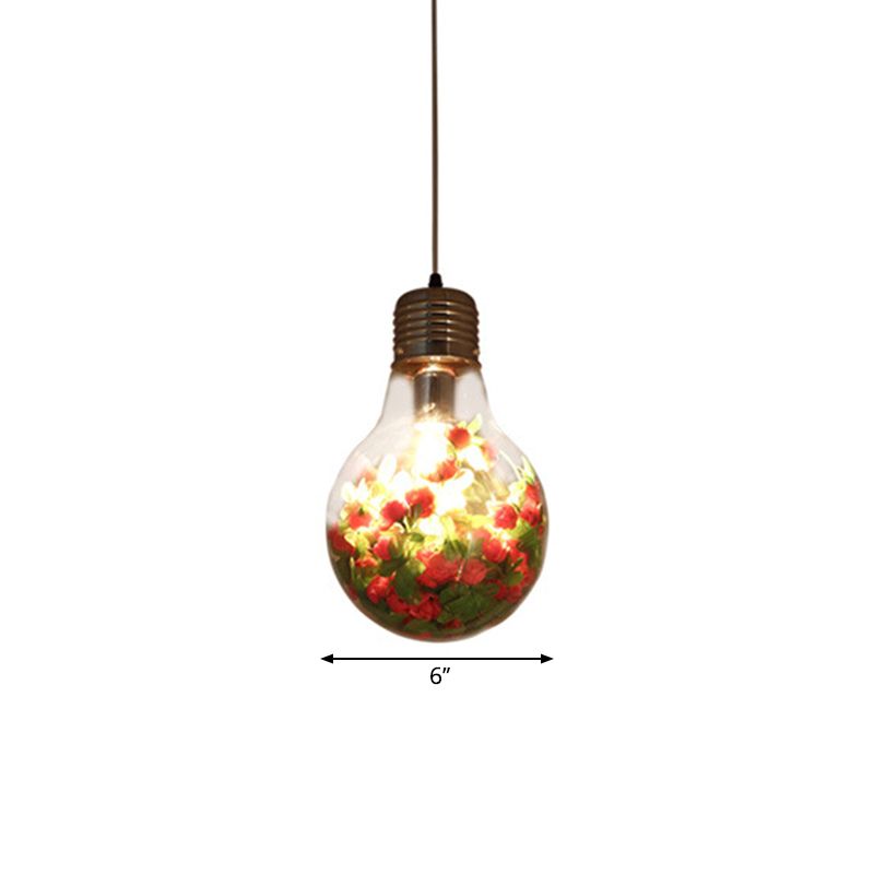 Lámpara de suspensión de flores de restaurante de 1 luces de 1 luces en forma de bulbo de vidrio transparente, 6 "/8.5"/12 "de ancho