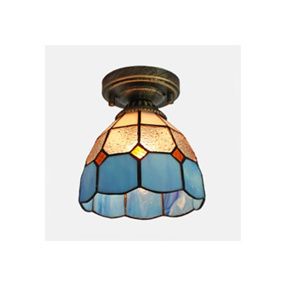 Stained Glass Dome Flush Light  with Triangle/Blue Square/Blue Leaf/Square/Blue Diamond/Diamond Parrern 1 Light Mediterranean Flushmount in Brass Finish